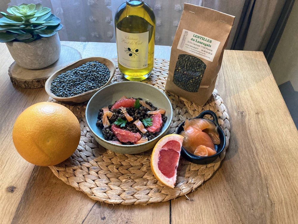 Salade de lentilles du Lauragais au saumon et pamplemousse